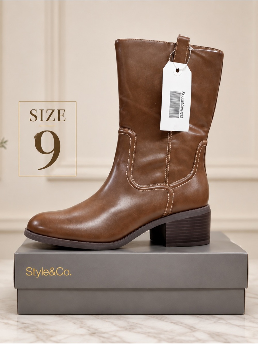 Style & Co. Chestnut Brown Mid-Calf Block Heel Boot